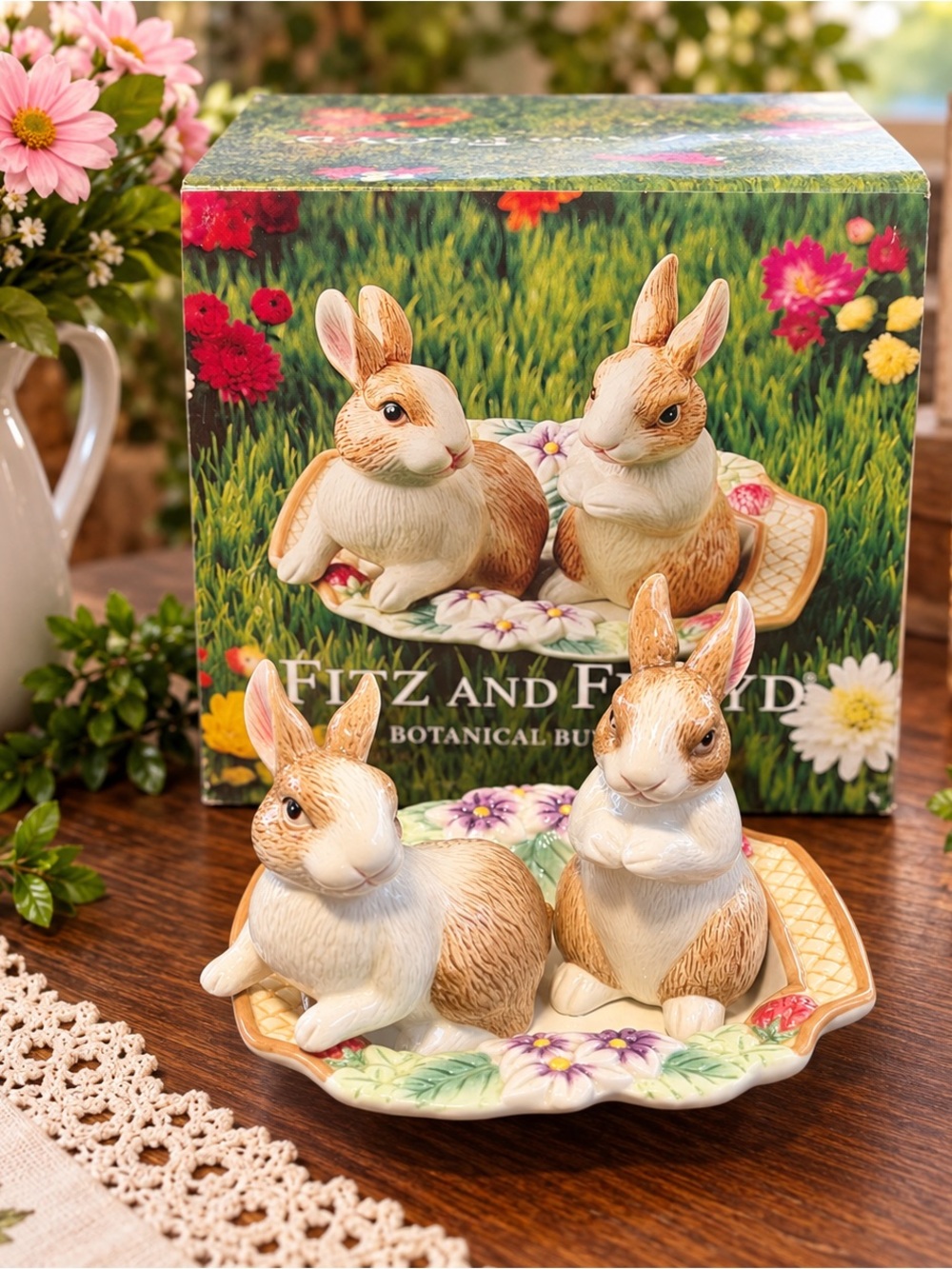 Vintage Fitz & Floyd Botanical Bunnies Rabbit Pair Floral Tray w/ Original Box